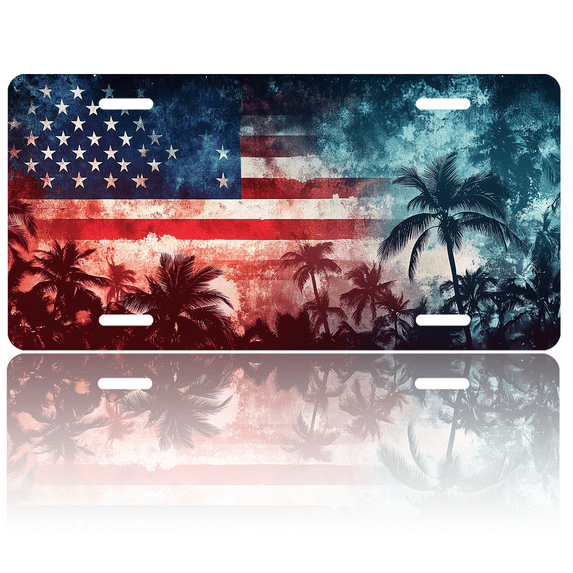1 Pcs 2D Flat License Plate Covers & Frames, American Flag with Palm Trees For Decorative Front, Waterproof For Decoration Aluminum License Plate Covers & Frames Cover For Men Women, 12" X 6"