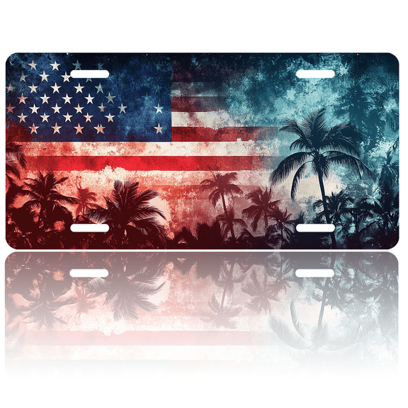 1 Pcs 2D Flat License Plate Covers & Frames, American Flag with Palm Trees For Decorative Front, Waterproof For Decoration Aluminum License Plate Covers & Frames Cover For Men Women, 12" X 6"