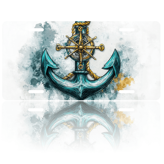 1 Pcs 2D Flat License Plate Covers & Frames, Anchor with Ship Wheel For Decorative Front, Waterproof For Decoration Aluminum License Plate Covers & Frames Cover For Men Women, 12" X 6"