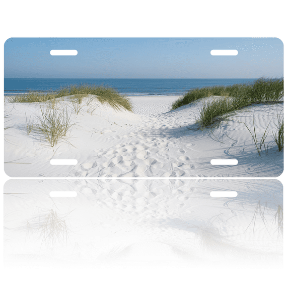 1 Pcs 2D Flat License Plate Covers & Frames, Beach with Sand For Decorative Front, Waterproof For Decoration Aluminum License Plate Covers & Frames Cover For Men Women, 12" X 6"