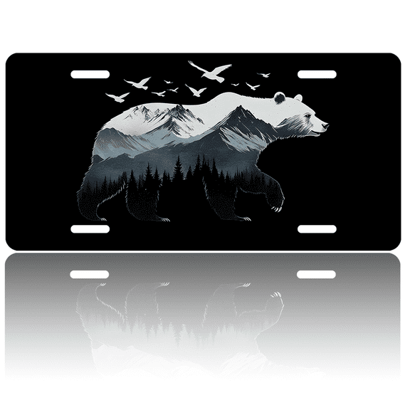 1 Pcs 2D Flat License Plate Covers & Frames, Bear with Mountain For Decorative Front, Waterproof For Decoration Aluminum License Plate Covers & Frames Cover For Men Women, 12" X 6"