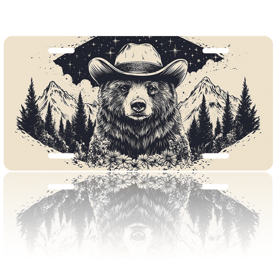 1 Pcs 2D Flat License Plate Covers & Frames, Bear wearing cowboy hat For Decorative Front, Waterproof For Decoration Aluminum License Plate Covers & Frames Cover For Men Women, 12" X 6"