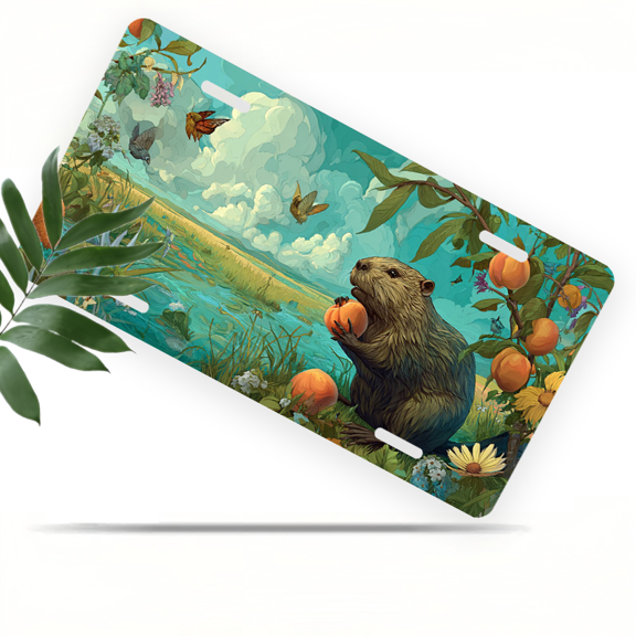 1 Pcs 2D Flat License Plate Covers & Frames, Beaver with Peaches For Decorative Front, Waterproof For Decoration Aluminum License Plate Covers & Frames Cover For Men Women, 12" X 6"