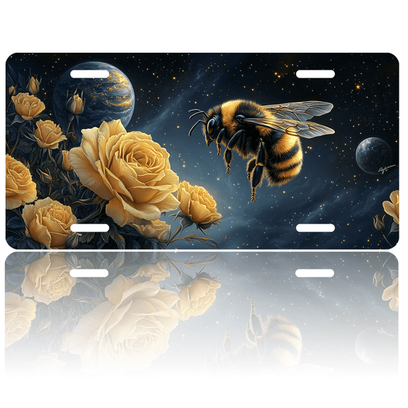 1 Pcs 2D Flat License Plate Covers & Frames, Bee Among Yellow Roses For Decorative Front, Waterproof For Decoration Aluminum License Plate Covers & Frames Cover For Men Women, 12" X 6"