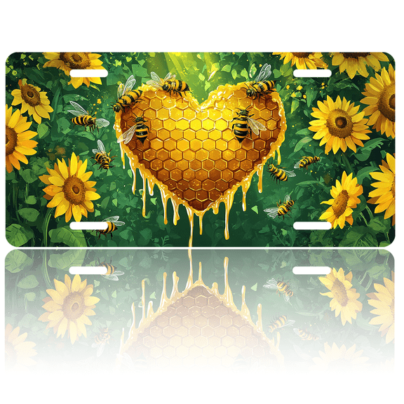 1 Pcs 2D Flat License Plate Covers & Frames, Bees and Honeycomb Heart For Decorative Front, Waterproof For Decoration Aluminum License Plate Covers & Frames Cover For Men Women, 12" X 6"