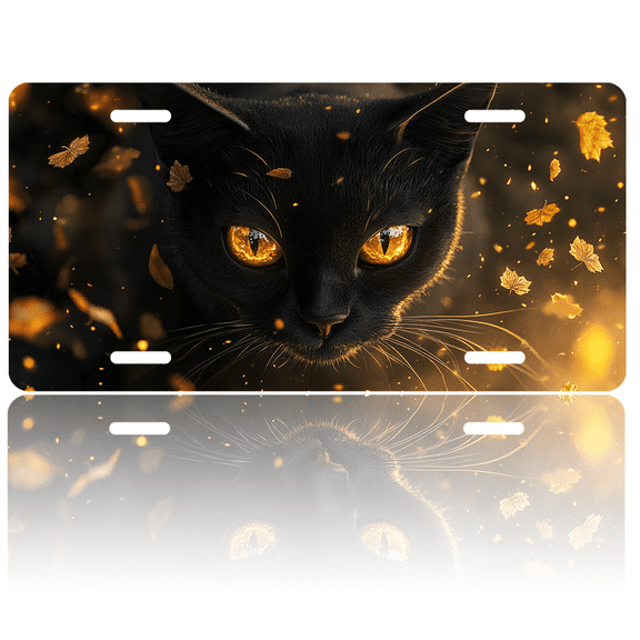 1 Pcs 2D Flat License Plate Covers & Frames, Black Cat with Autumn Leaves For Decorative Front, Waterproof For Decoration Aluminum License Plate Covers & Frames Cover For Men Women, 12" X 6"