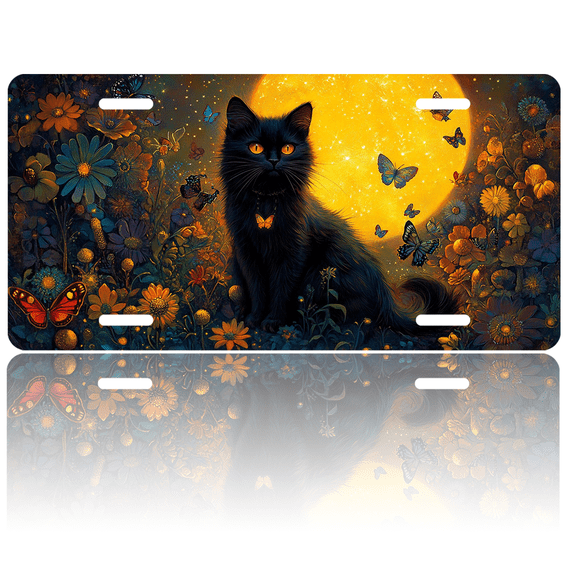 1 Pcs 2D Flat License Plate Covers & Frames, Black Cat For Decorative Front, Waterproof For Decoration Aluminum License Plate Covers & Frames Cover For Men Women, 12" X 6"