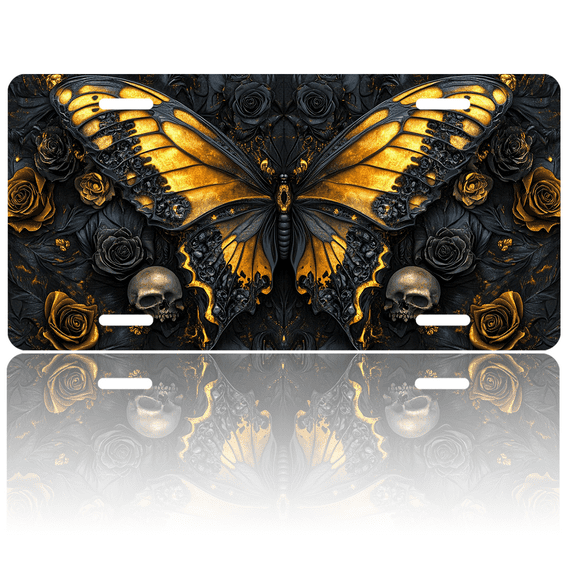 1 Pcs 2D Flat License Plate Covers & Frames, Black and Gold Butterfly For Decorative Front, Waterproof For Decoration Aluminum License Plate Covers & Frames Cover For Men Women, 12" X 6"