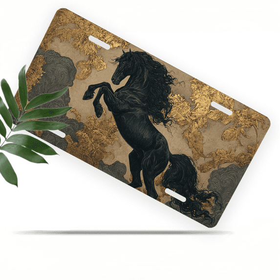 1 Pcs 2D Flat License Plate Covers & Frames, Black Horse For Decorative Front, Waterproof For Decoration Aluminum License Plate Covers & Frames Cover For Men Women, 12" X 6"