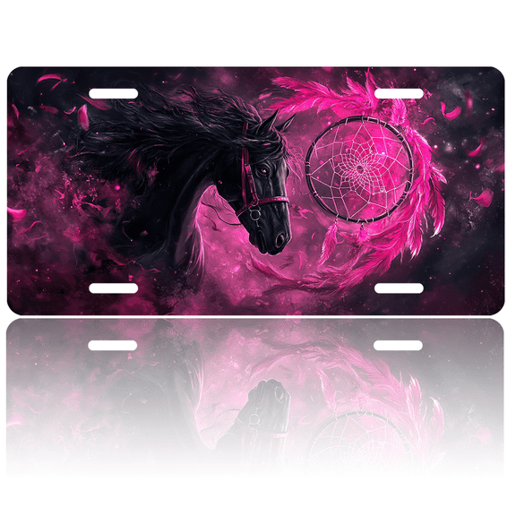 1 Pcs 2D Flat License Plate Covers & Frames, Black Horse with Dreamcatcher For Decorative Front, Waterproof For Decoration Aluminum License Plate Covers & Frames Cover For Men Women, 12" X 6"