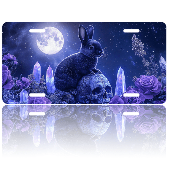 1 Pcs 2D Flat License Plate Covers & Frames, Black Rabbit on a Skull under For Decorative Front, Waterproof For Decoration Aluminum License Plate Covers & Frames Cover For Men Women, 12" X 6"