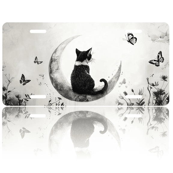 1 Pcs 2D Flat License Plate Covers & Frames, Black and White Cat For Decorative Front, Waterproof For Decoration Aluminum License Plate Covers & Frames Cover For Men Women, 12" X 6"