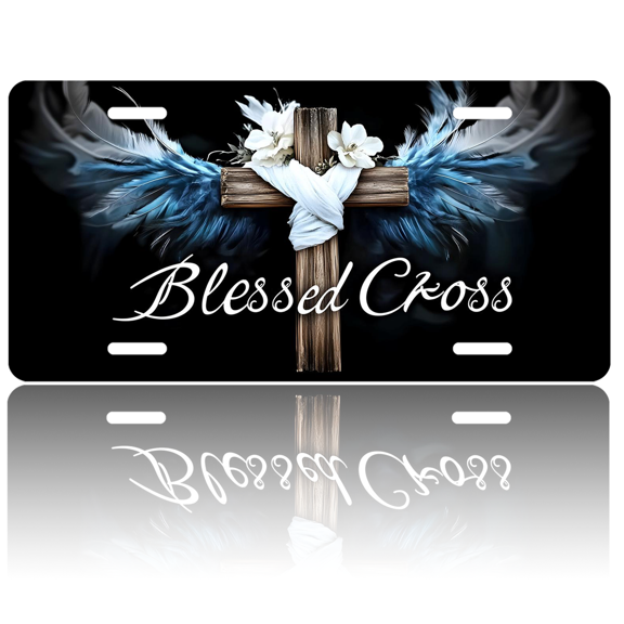 1 Pcs 2D Flat License Plate Covers & Frames, Blessed Cross For Decorative Front, Waterproof For Decoration Aluminum License Plate Covers & Frames Cover For Men Women, 12" X 6"