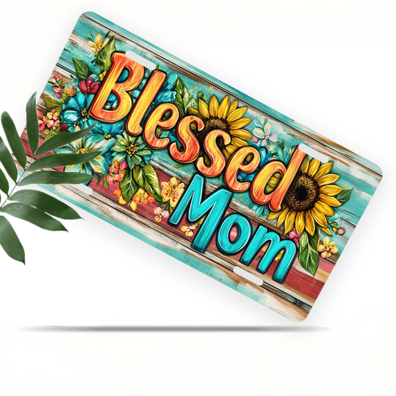 1 Pcs 2D Flat License Plate Covers & Frames, Blessed Mom For Decorative Front, Waterproof For Decoration Aluminum License Plate Covers & Frames Cover For Men Women, 12" X 6"