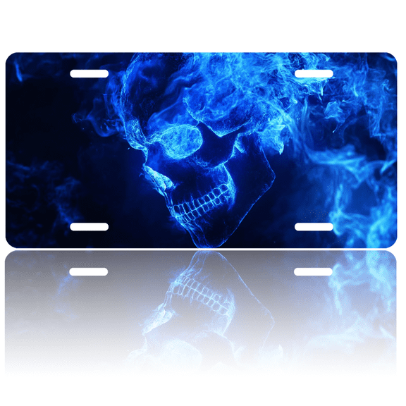 1 Pcs 2D Flat License Plate Covers & Frames, Blue Flame Skull For Decorative Front, Waterproof For Decoration Aluminum License Plate Covers & Frames Cover For Men Women, 12" X 6"