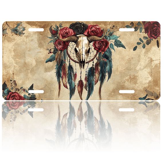 1 Pcs 2D Flat License Plate Covers & Frames, Bull Skull with Roses For Decorative Front, Waterproof For Decoration Aluminum License Plate Covers & Frames Cover For Men Women, 12" X 6"