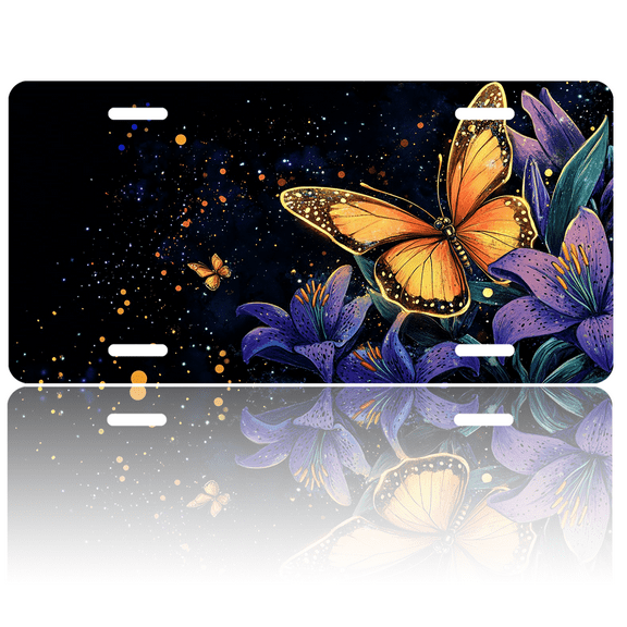 1 Pcs 2D Flat License Plate Covers & Frames, Butterfly and Flowers For Decorative Front, Waterproof For Decoration Aluminum License Plate Covers & Frames Cover For Men Women, 12" X 6"