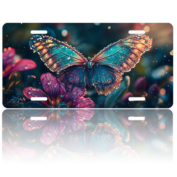 1 Pcs 2D Flat License Plate Covers & Frames, Butterfly on Flowers For Decorative Front, Waterproof For Decoration Aluminum License Plate Covers & Frames Cover For Men Women, 12" X 6"