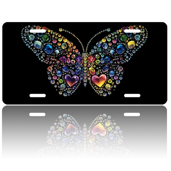 1 Pcs 2D Flat License Plate Covers & Frames, Butterfly Made of Gems For Decorative Front, Waterproof For Decoration Aluminum License Plate Covers & Frames Cover For Men Women, 12" X 6"