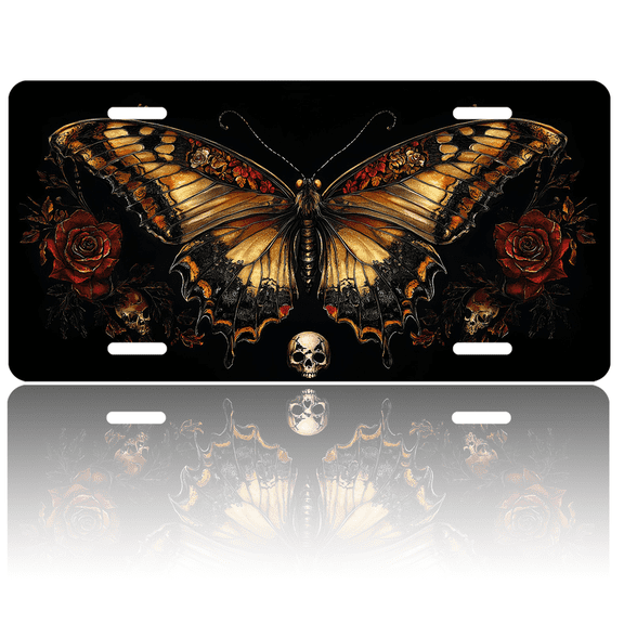 1 Pcs 2D Flat License Plate Covers & Frames, Butterfly with Roses For Decorative Front, Waterproof For Decoration Aluminum License Plate Covers & Frames Cover For Men Women, 12" X 6"