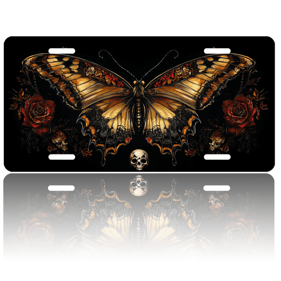 1 Pcs 2D Flat License Plate Covers & Frames, Butterfly with Roses For Decorative Front, Waterproof For Decoration Aluminum License Plate Covers & Frames Cover For Men Women, 12" X 6"