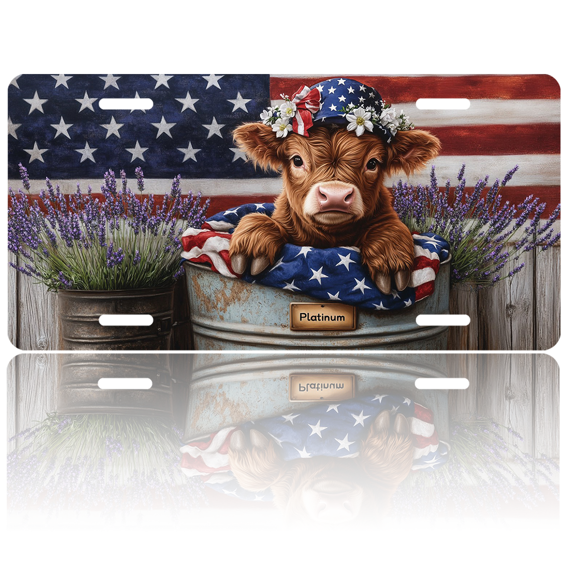 1 Pcs 2D Flat License Plate Covers & Frames, Calf with American Flag Theme For Decorative Front, Waterproof For Decoration Aluminum License Plate Covers & Frames Cover For Men Women, 12" X 6"