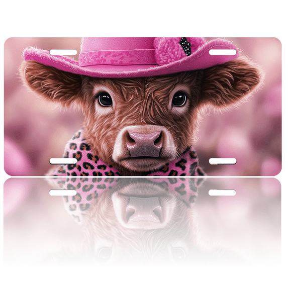 1 Pcs 2D Flat License Plate Covers & Frames, Calf in Pink Hat and Scarf For Decorative Front, Waterproof For Decoration Aluminum License Plate Covers & Frames Cover For Men Women, 12" X 6"