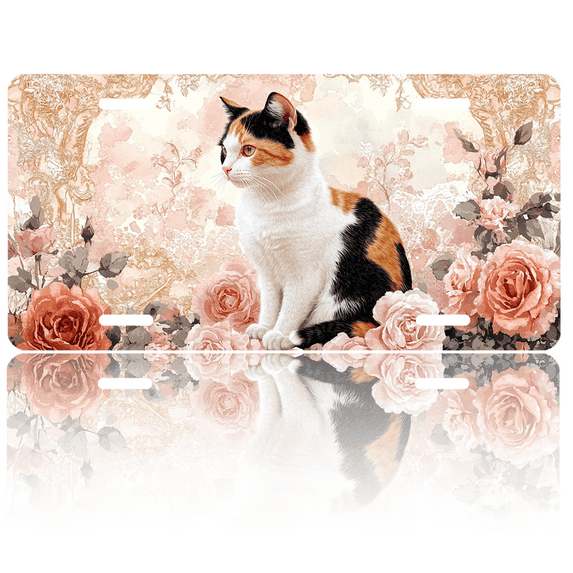 1 Pcs 2D Flat License Plate Covers & Frames, Calico Cat among Roses For Decorative Front, Waterproof For Decoration Aluminum License Plate Covers & Frames Cover For Men Women, 12" X 6"