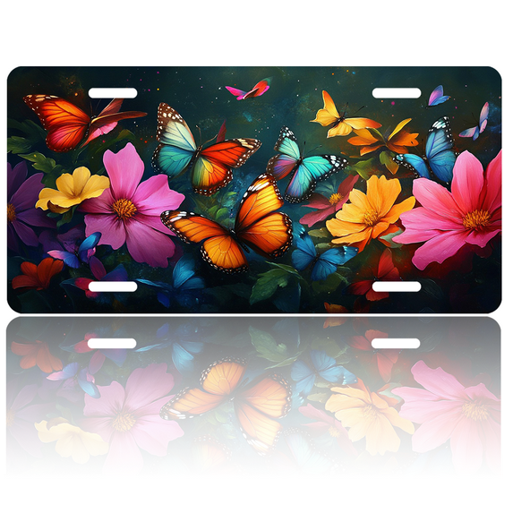 1 Pcs 2D Flat License Plate Covers & Frames, Colorful Butterflies For Decorative Front, Waterproof For Decoration Aluminum License Plate Covers & Frames Cover For Men Women, 12" X 6"