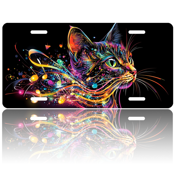 1 Pcs 2D Flat License Plate Covers & Frames, Colorful Cat with Musical For Decorative Front, Waterproof For Decoration Aluminum License Plate Covers & Frames Cover For Men Women, 12" X 6"