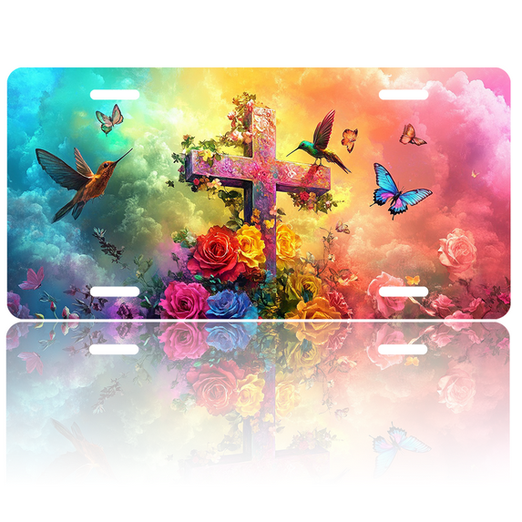 1 Pcs 2D Flat License Plate Covers & Frames, Colorful Cross For Decorative Front, Waterproof For Decoration Aluminum License Plate Covers & Frames Cover For Men Women, 12" X 6"