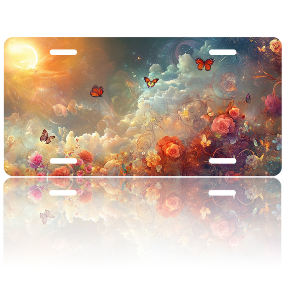 1 Pcs 2D Flat License Plate Covers & Frames, Colorful Flowers Butterflies For Decorative Front, Waterproof For Decoration Aluminum License Plate Covers & Frames Cover For Men Women, 12" X 6"