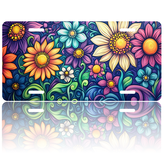 1 Pcs 2D Flat License Plate Covers & Frames, Colorful Flowers For Decorative Front, Waterproof For Decoration Aluminum License Plate Covers & Frames Cover For Men Women, 12" X 6"
