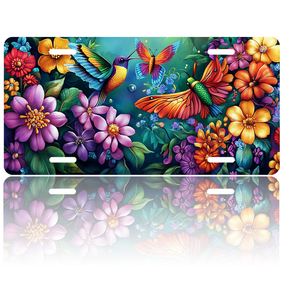 1 Pcs 2D Flat License Plate Covers & Frames, Colorful Flowers Hummingbirds For Decorative Front, Waterproof For Decoration Aluminum License Plate Covers & Frames Cover For Men Women, 12" X 6"