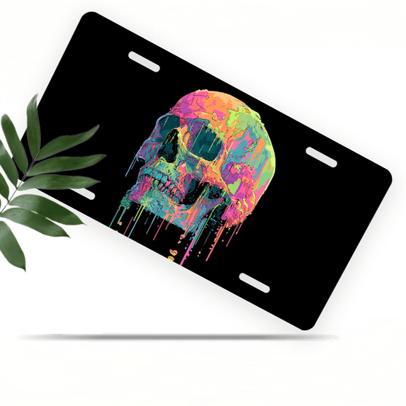 1 Pcs 2D Flat License Plate Covers & Frames, Colorful Skull For Decorative Front, Waterproof For Decoration Aluminum License Plate Covers & Frames Cover For Men Women, 12" X 6"