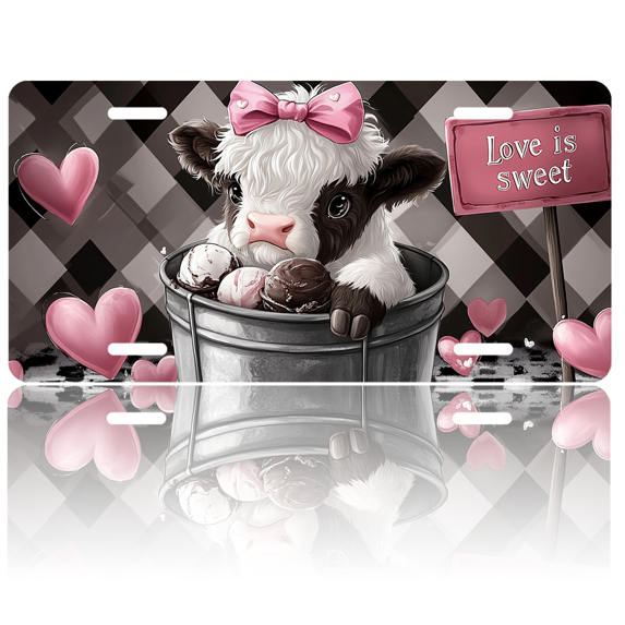 1 Pcs 2D Flat License Plate Covers & Frames, Cow in Bucket with Ice Cream For Decorative Front, Waterproof For Decoration Aluminum License Plate Covers & Frames Cover For Men Women, 12" X 6"