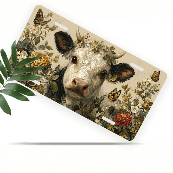 1 Pcs 2D Flat License Plate Covers & Frames, Cow with Flowers For Decorative Front, Waterproof For Decoration Aluminum License Plate Covers & Frames Cover For Men Women, 12" X 6"