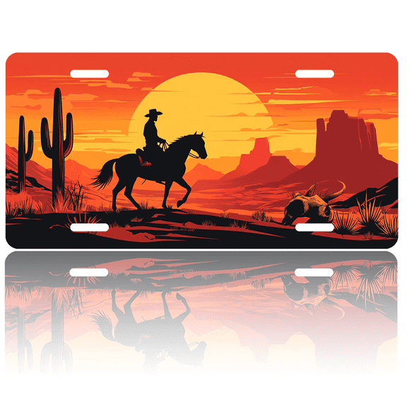 1 Pcs 2D Flat License Plate Covers & Frames, Cowboy Riding Horse at Sunset For Decorative Front, Waterproof For Decoration Aluminum License Plate Covers & Frames Cover For Men Women, 12" X 6"