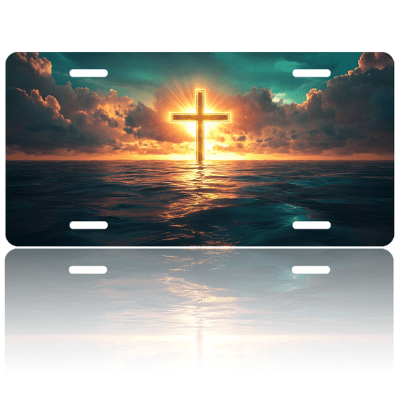 1 Pcs 2D Flat License Plate Covers & Frames, Cross in the Sea For Decorative Front, Waterproof For Decoration Aluminum License Plate Covers & Frames Cover For Men Women, 12" X 6"