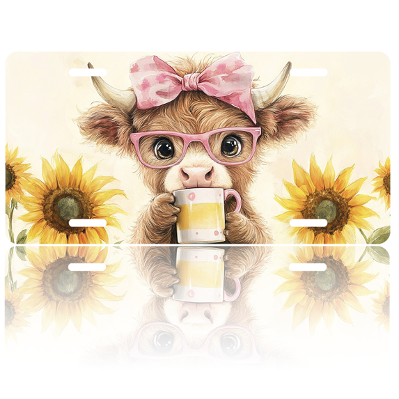 1 Pcs 2D Flat License Plate Covers & Frames, Cute Cow Drinking from Cup For Decorative Front, Waterproof For Decoration Aluminum License Plate Covers & Frames Cover For Men Women, 12" X 6"