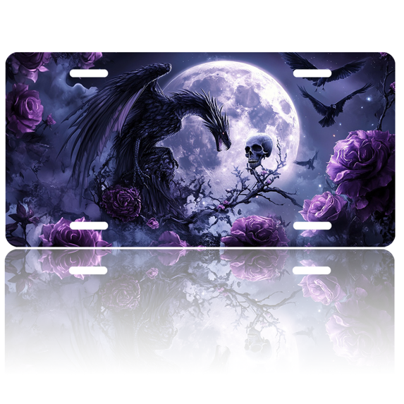 1 Pcs 2D Flat License Plate Covers & Frames, A Dark Dragon Facing a Skull For Decorative Front, Waterproof For Decoration Aluminum License Plate Covers & Frames Cover For Men Women, 12" X 6"