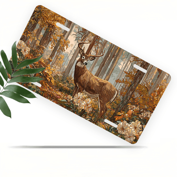 1 Pcs 2D Flat License Plate Covers & Frames, Deer in Autumn For Decorative Front, Waterproof For Decoration Aluminum License Plate Covers & Frames Cover For Men Women, 12" X 6"