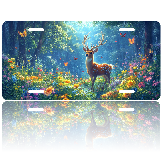 1 Pcs 2D Flat License Plate Covers & Frames, A Deer in a Flowering Forest For Decorative Front, Waterproof For Decoration Aluminum License Plate Covers & Frames Cover For Men Women, 12" X 6"