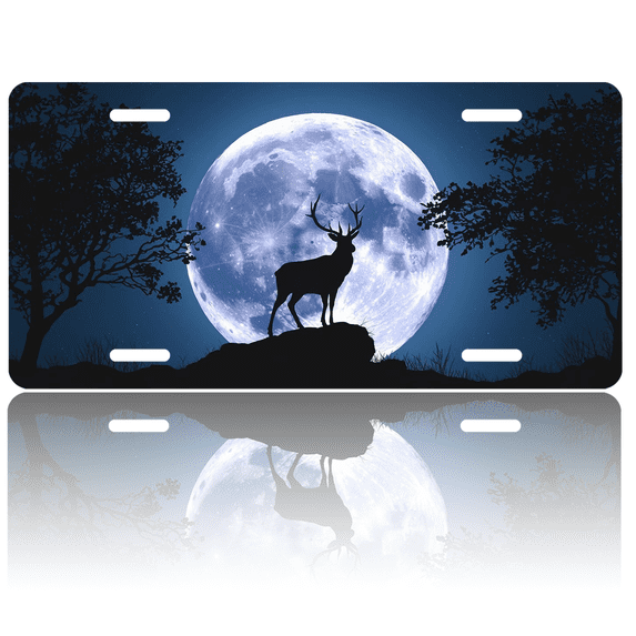 1 Pcs 2D Flat License Plate Covers & Frames, Deer under the Moon For Decorative Front, Waterproof For Decoration Aluminum License Plate Covers & Frames Cover For Men Women, 12" X 6"