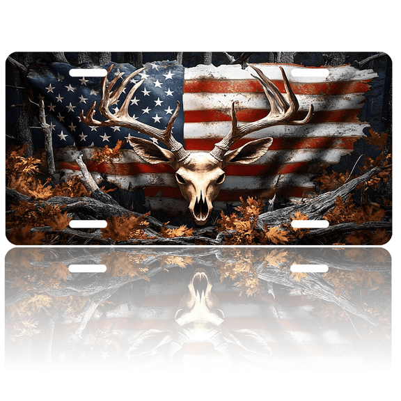 1 Pcs 2D Flat License Plate Covers & Frames, Deer Skull with For Decorative Front, Waterproof For Decoration Aluminum License Plate Covers & Frames Cover For Men Women, 12" X 6"