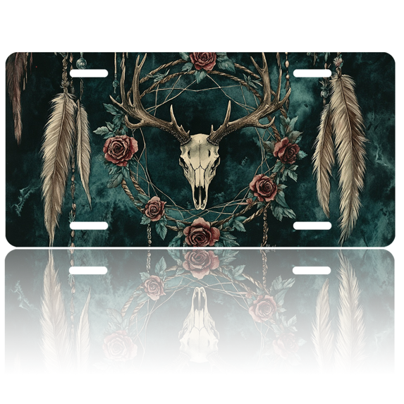 1 Pcs 2D Flat License Plate Covers & Frames, Deer Skull with Roses For Decorative Front, Waterproof For Decoration Aluminum License Plate Covers & Frames Cover For Men Women, 12" X 6"