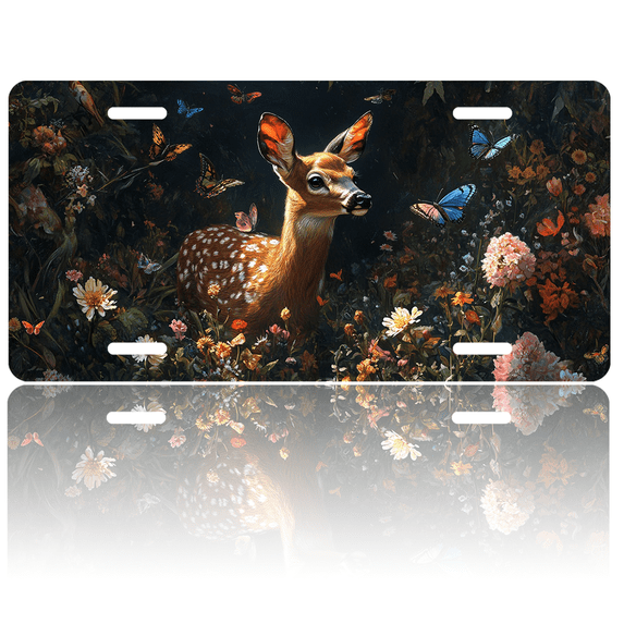 1 Pcs 2D Flat License Plate Covers & Frames, A Fawn Among Flowers For Decorative Front, Waterproof For Decoration Aluminum License Plate Covers & Frames Cover For Men Women, 12" X 6"