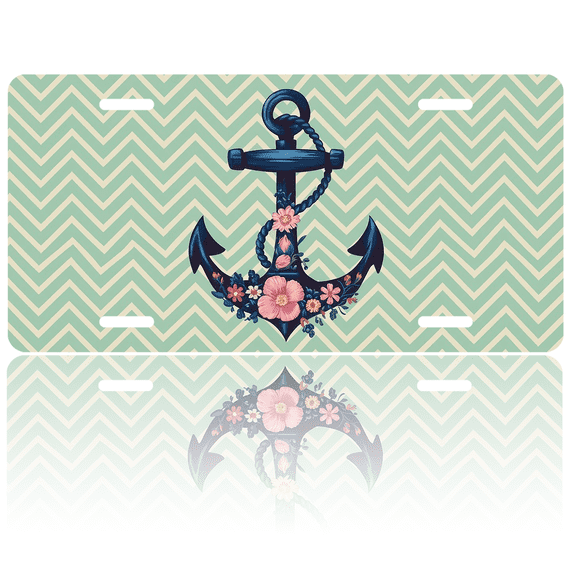 1 Pcs 2D Flat License Plate Covers & Frames, Floral Anchor For Decorative Front, Waterproof For Decoration Aluminum License Plate Covers & Frames Cover For Men Women, 12" X 6"