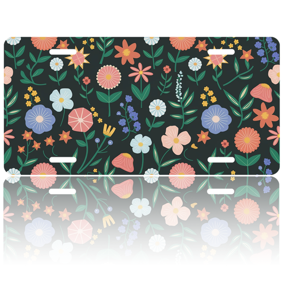 1 Pcs 2D Flat License Plate Covers & Frames, Floral Pattern For Decorative Front, Waterproof For Decoration Aluminum License Plate Covers & Frames Cover For Men Women, 12" X 6"