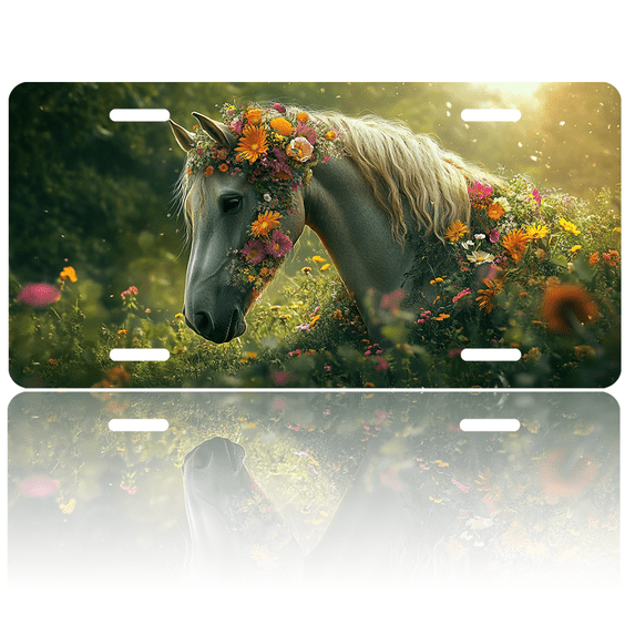 1 Pcs 2D Flat License Plate Covers & Frames, Floweradorned Horse For Decorative Front, Waterproof For Decoration Aluminum License Plate Covers & Frames Cover For Men Women, 12" X 6"